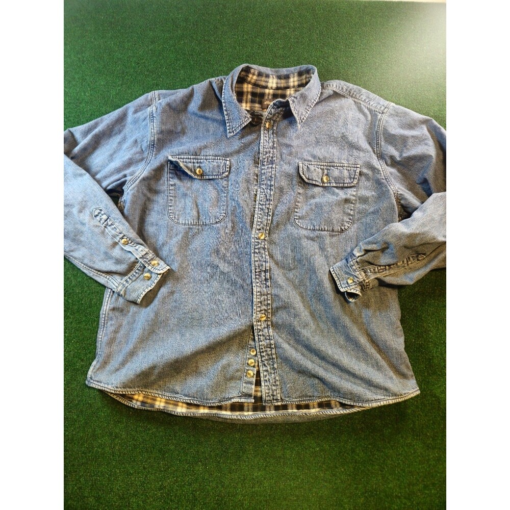 Eddie Bauer Jean Jacket Coat Men XL Denim Plaid Lined Trucker